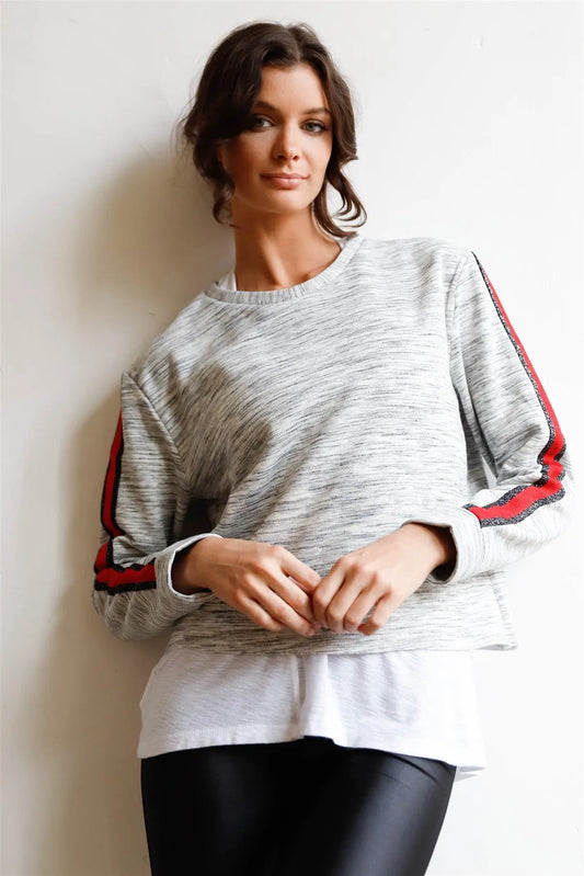 Heather Grey Lurex Stripe Sleeve Detail Raw Hem Sweatshirt /1-2-2-1 - Tasha Apparel Wholesale