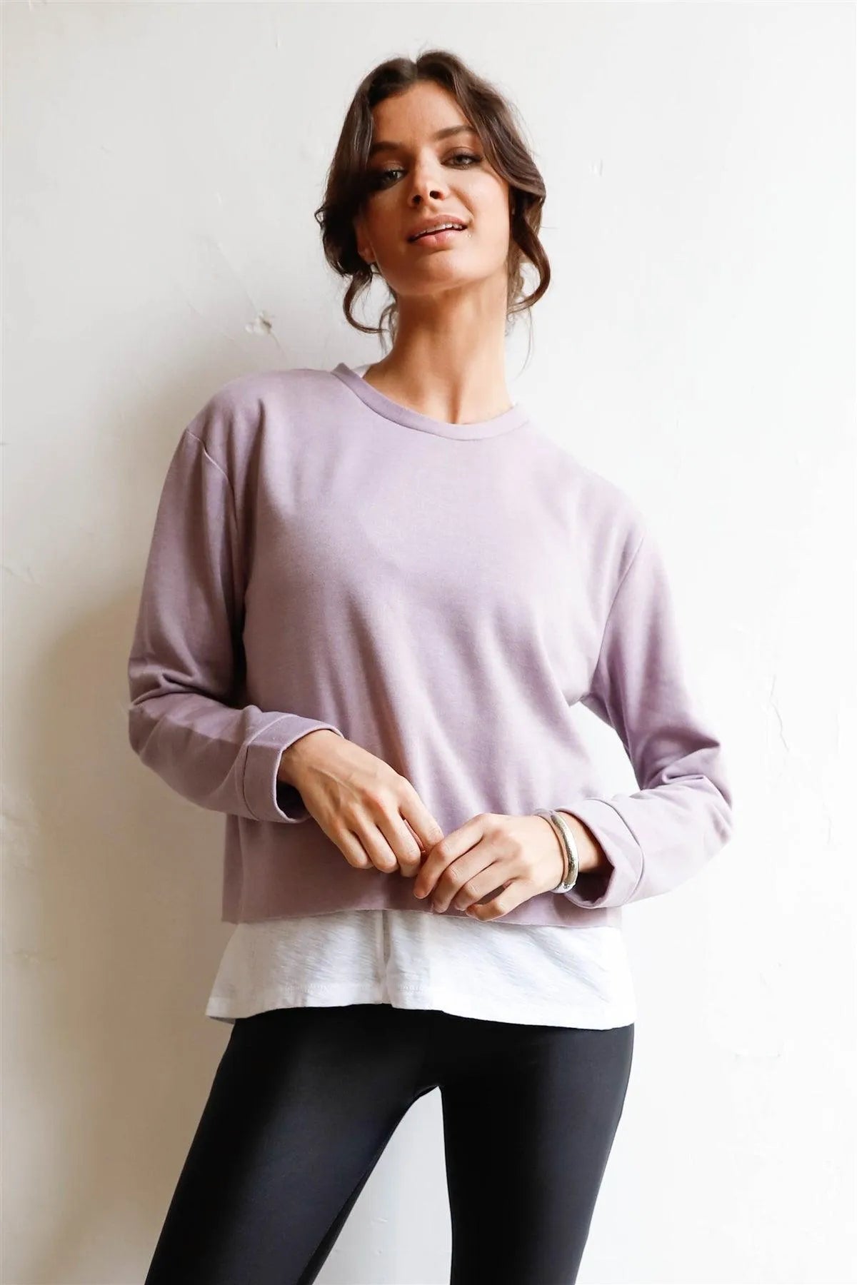 Lilac Grey Long Sleeve Raw Hem Sweatshirt /1-2-2-1 - Tasha Apparel Wholesale
