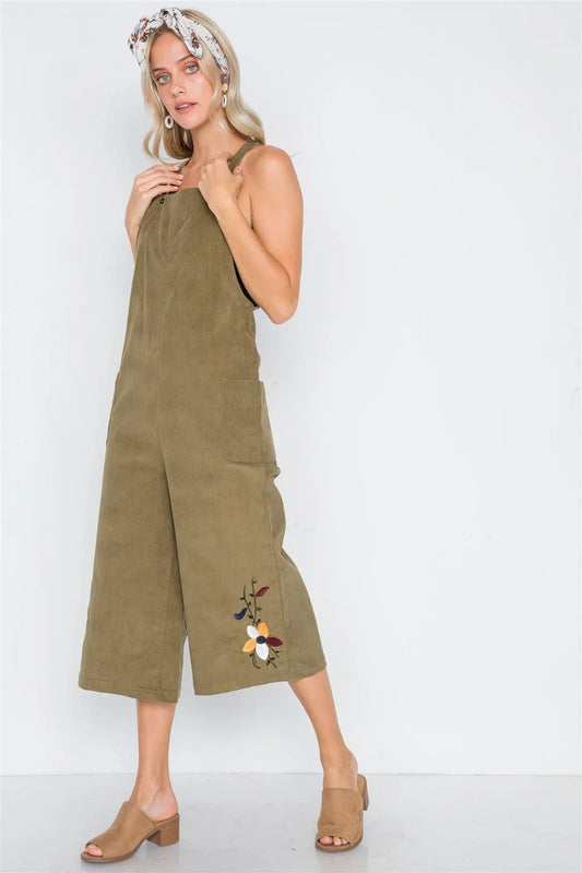 Olive Floral Embroidered Corduroy Boho Overall / 2-2-2 - Tasha Apparel Wholesale
