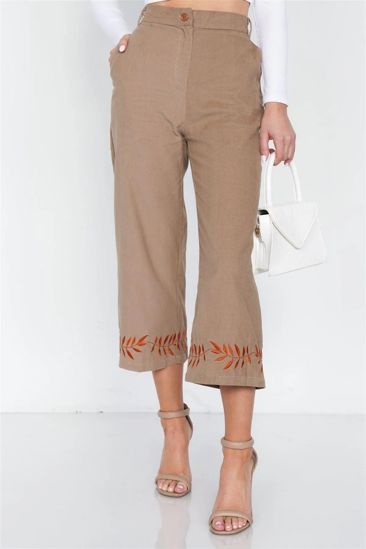 Taupe Ankle Length Boho Print Cotton Corduroy Gaucho Pants /3-2-1 - Tasha Apparel Wholesale