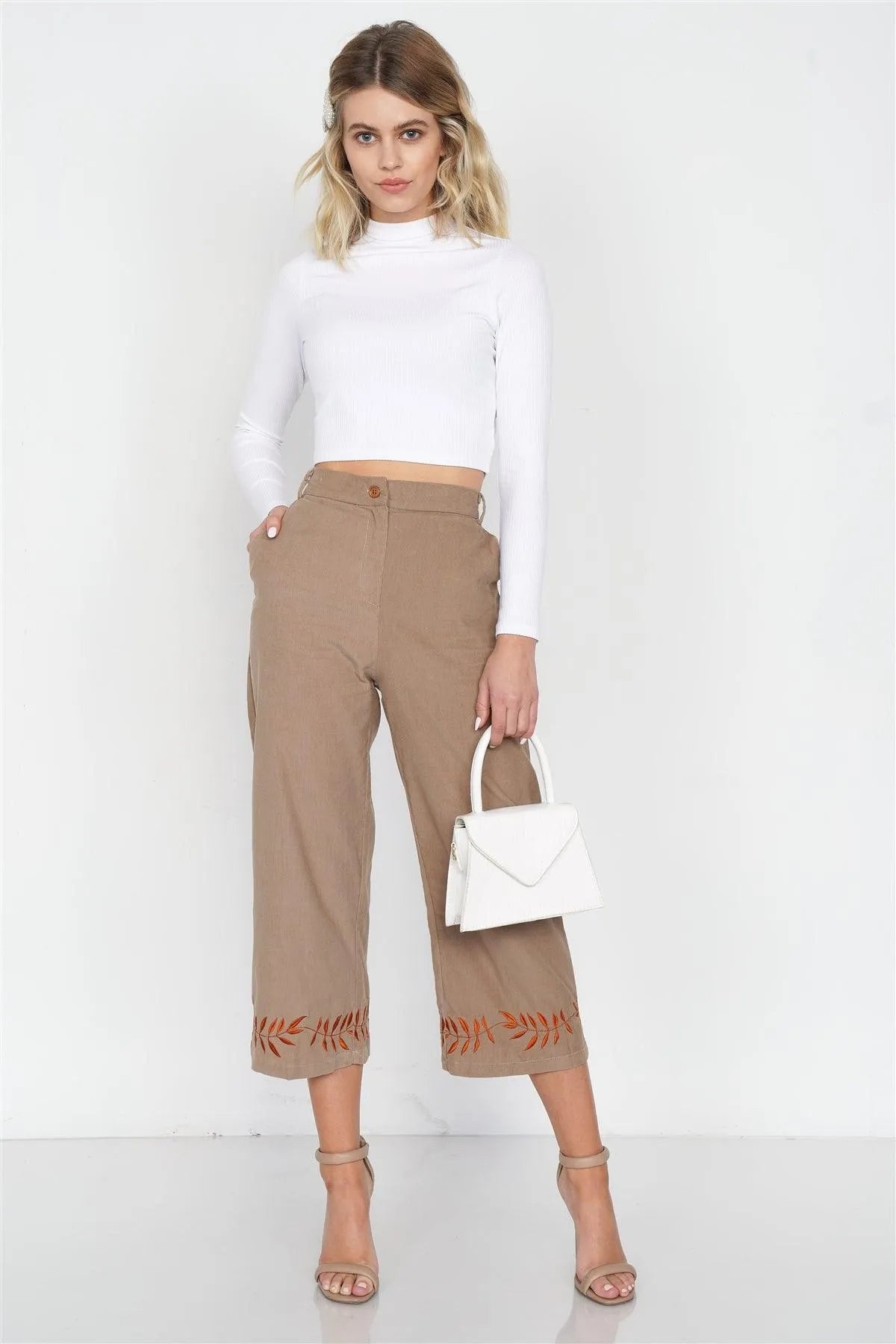 Taupe Ankle Length Boho Print Cotton Corduroy Gaucho Pants /3-2-1 - Tasha Apparel Wholesale