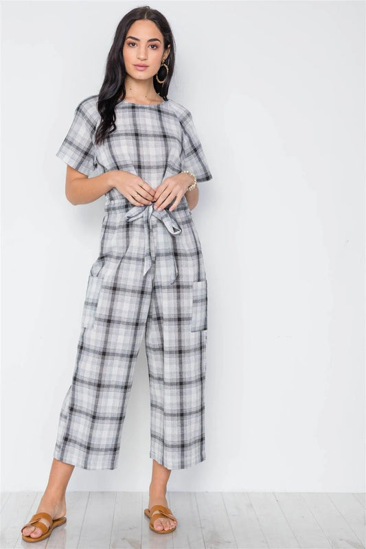 Black Plaid Print Tie Waist Ankle Length Jumpsuit / 2-2-2 - Tasha Apparel Wholesale