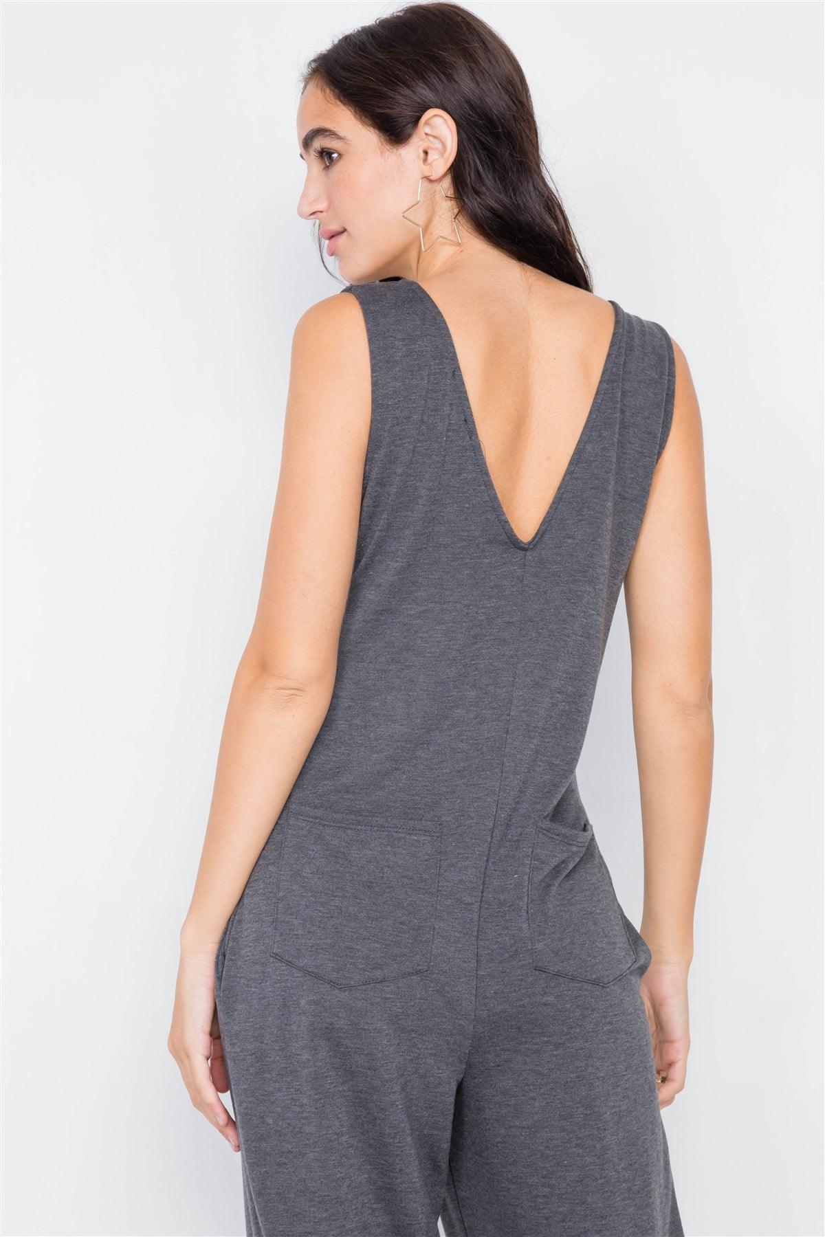 Charcoal Marled Knit Mock Wrap Ankle Length Jumpsuit /1-2-2