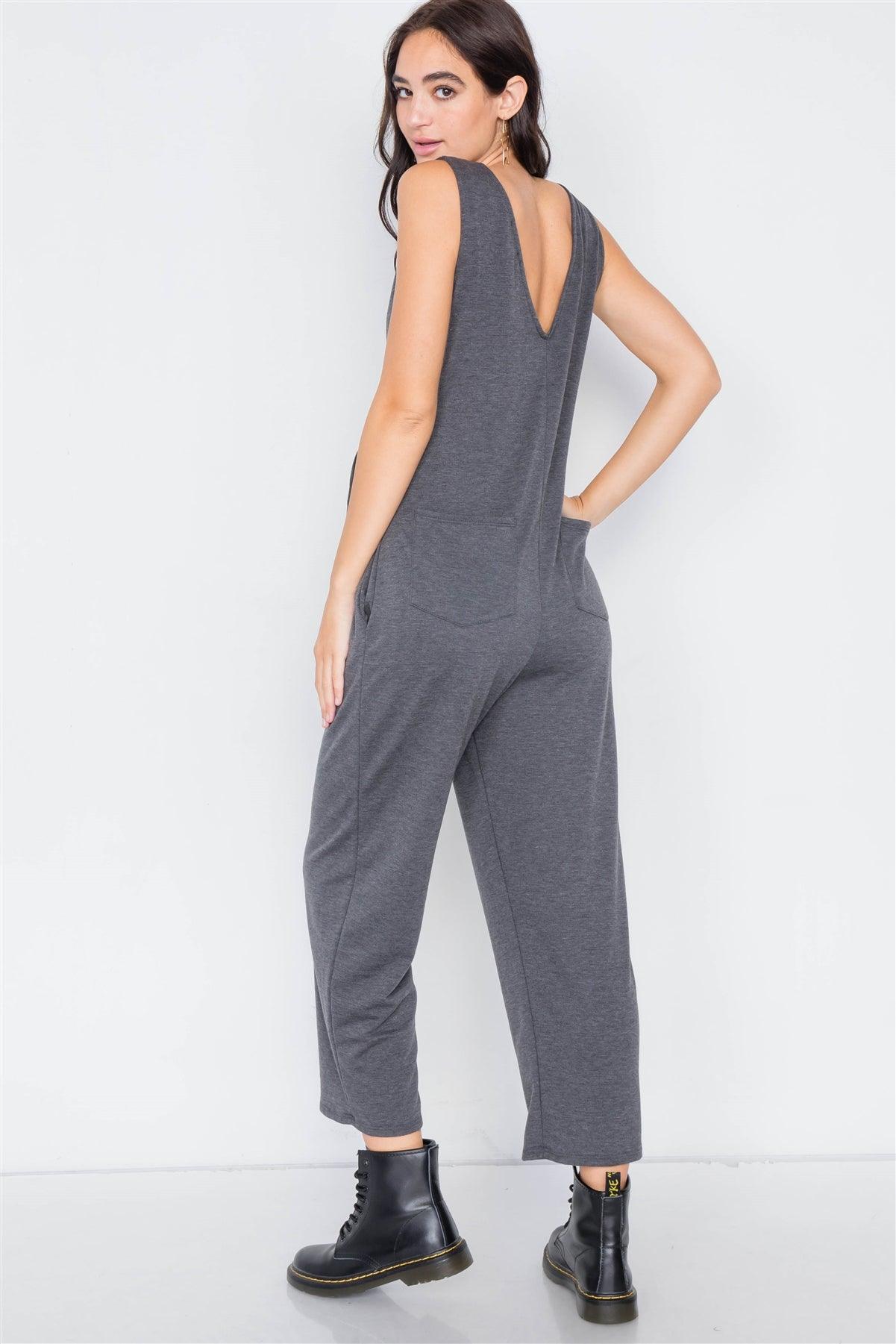 Charcoal Marled Knit Mock Wrap Ankle Length Jumpsuit /2-2-2