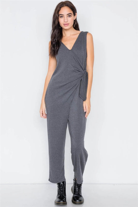 Charcoal Marled Knit Mock Wrap Ankle Length Jumpsuit - Tasha Apparel Wholesale