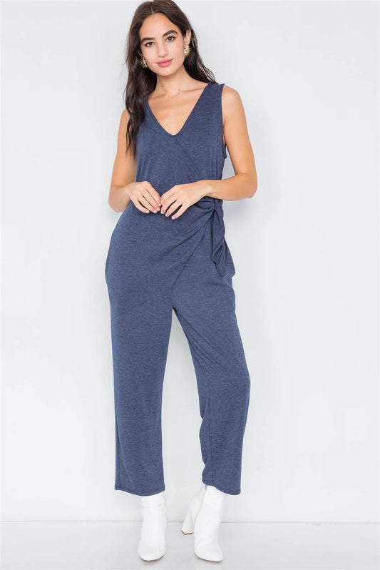 Navy Marled Knit Mock Wrap Ankle Length Jumpsuit /1-2-2 - Tasha Apparel Wholesale