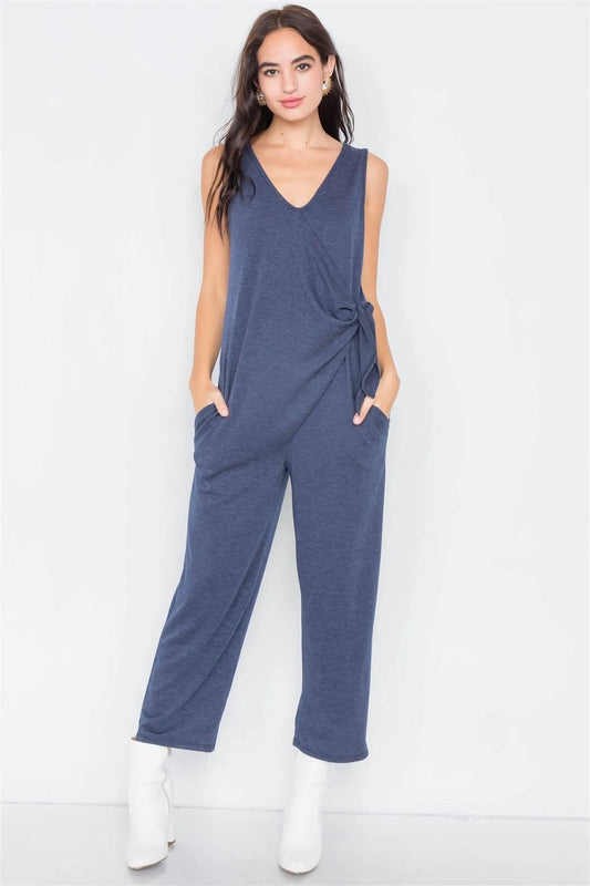 Navy Marled Knit Mock Wrap Ankle Length Jumpsuit - Tasha Apparel Wholesale