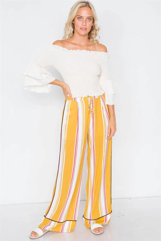 Mustard Multi Stripe Black Trim Wide Leg Pants /2-2-2 - Tasha Apparel Wholesale