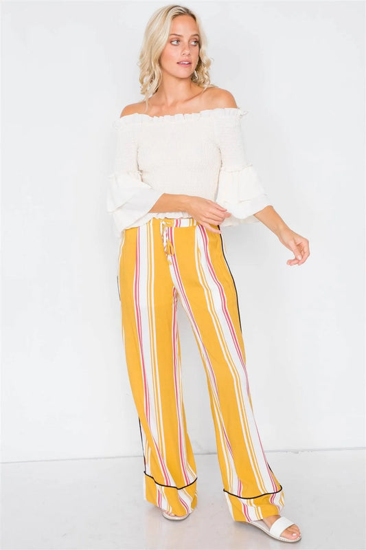 Mustard Multi Stripe Black Trim Wide Leg Pants /2-3-3 - Tasha Apparel Wholesale