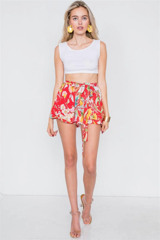 Red Mock Wrap Layered Flounce Hem Sheer Boho Shorts /1-2-2 - Tasha Apparel Wholesale