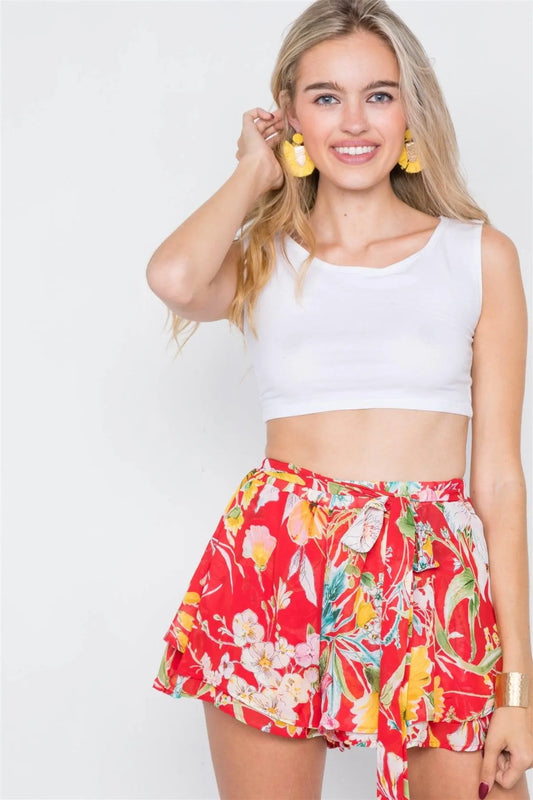 Red Mock Wrap Layered Flounce Hem Sheer Boho Shorts /2-2-2 - Tasha Apparel Wholesale