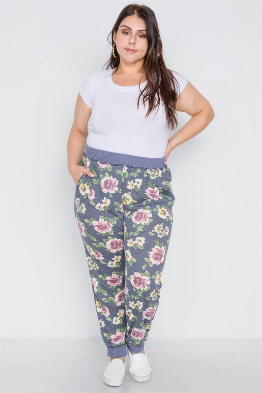 Plus Size Blue Floral Print Knit Joggers Pants /2-2-1 - Tasha Apparel Wholesale