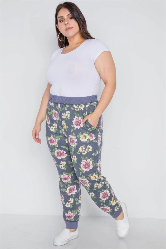 Plus Size Blue Floral Print Knit Joggers Pants /3-2-1 - Tasha Apparel Wholesale