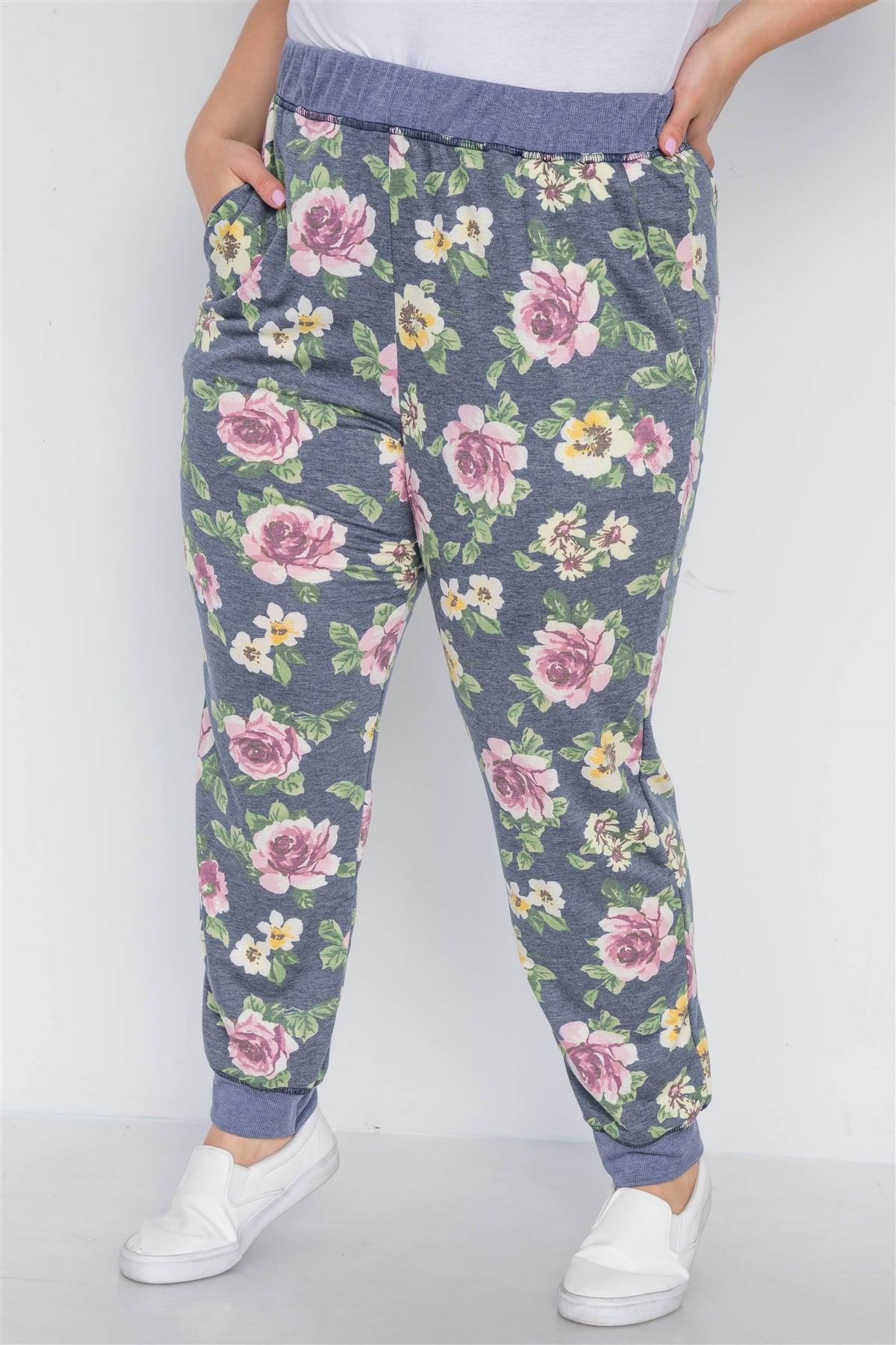Plus Size Blue Floral Print Knit Joggers Pants /3-2-1