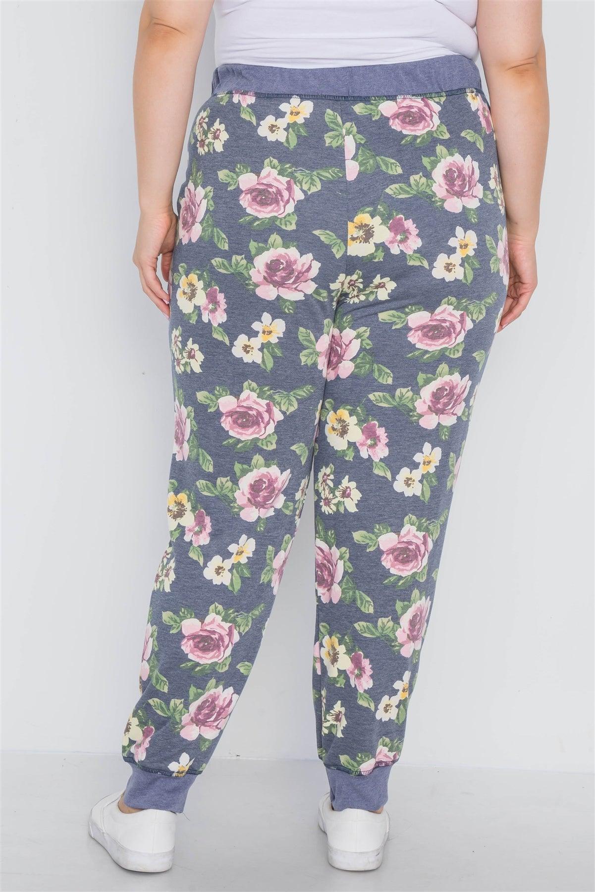 Plus Size Blue Floral Print Knit Joggers Pants /3-2-1