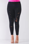 Junior Plus Size Black Denim Mid-Rise Raw Hem Detail Distressed Skinny Jean Pants /1-2-2-1 - Tasha Apparel Wholesale