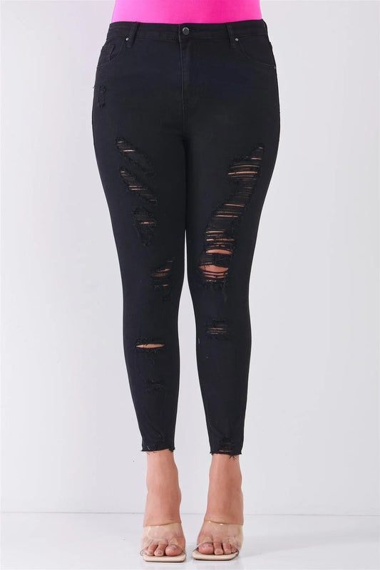 Junior Plus Size Black Denim Mid-Rise Raw Hem Detail Distressed Skinny Jean Pants /1-2-2-1 - Tasha Apparel Wholesale