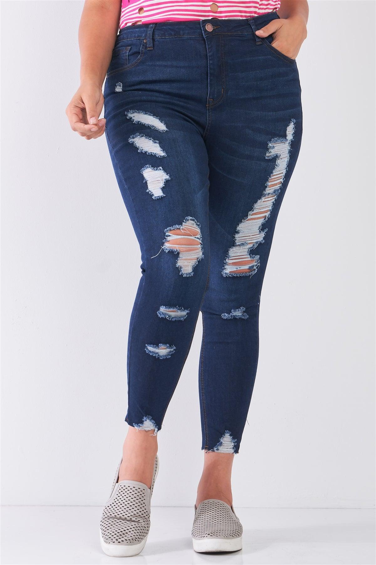 Junior Plus Size Dark Blue Denim Mid-Rise Raw Hem Detail Ripped Skinny Jean Pants