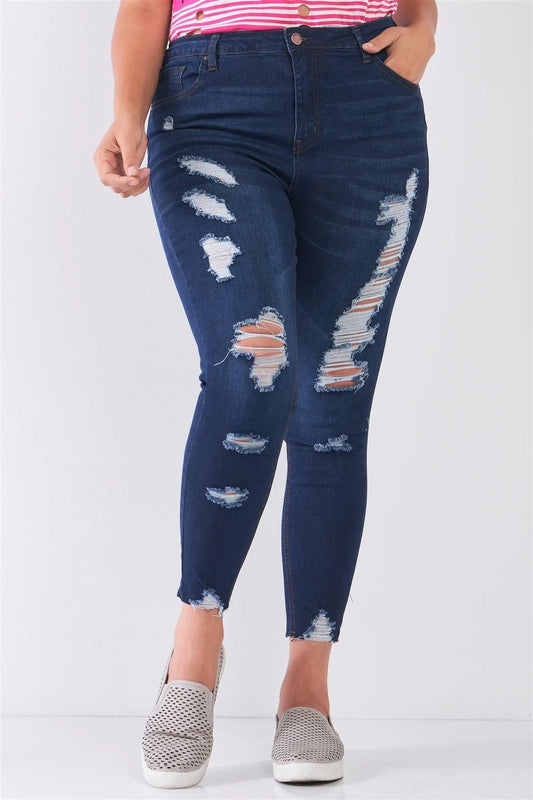 Junior Plus Size Dark Blue Denim Mid-Rise Raw Hem Detail Ripped Skinny Jean Pants - Tasha Apparel Wholesale