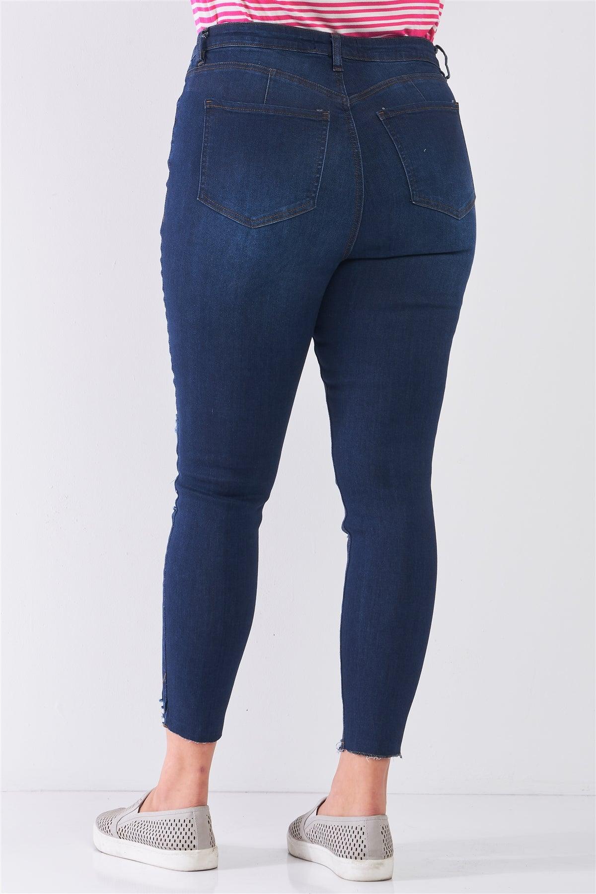 Junior Plus Size Dark Blue Denim Mid-Rise Raw Hem Detail Ripped Skinny Jean Pants /1-2-2-1