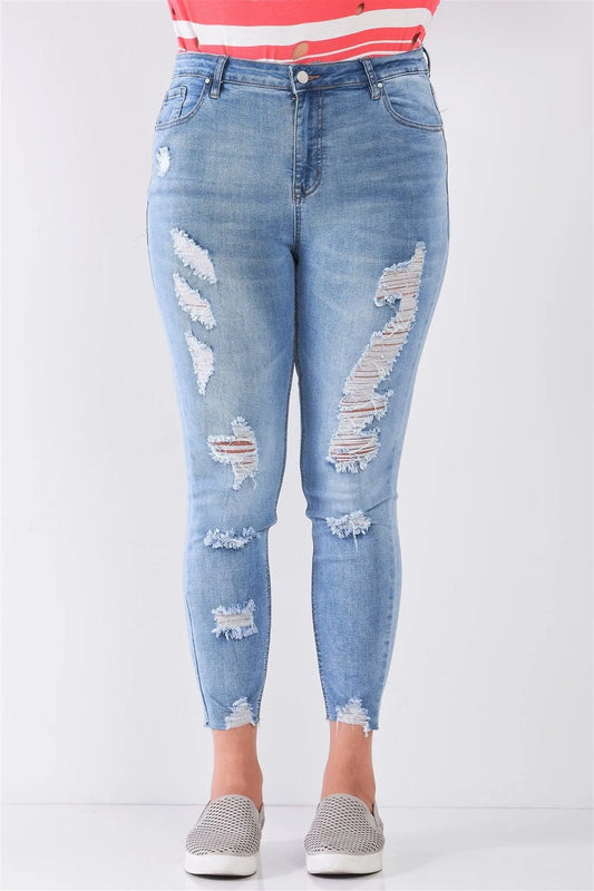 Junior Plus Size Light Blue Denim Mid-Rise Raw Hem Detail Distressed Trim Skinny Jeans /1-2-2-1 - Tasha Apparel Wholesale