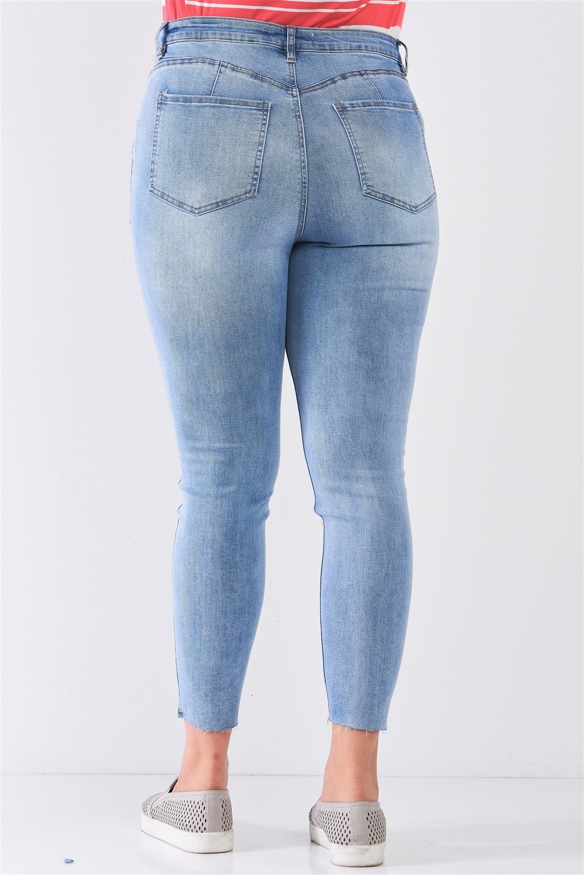 Junior Plus Size Light Blue Denim Mid-Rise Raw Hem Detail Distressed Trim Skinny Jeans /1-2-2-1