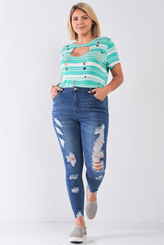 Junior Plus Size Medium Blue Denim Mid-Rise Raw Hem Detail Ripped Skinny Jeans /1-1-3-1 - Tasha Apparel Wholesale