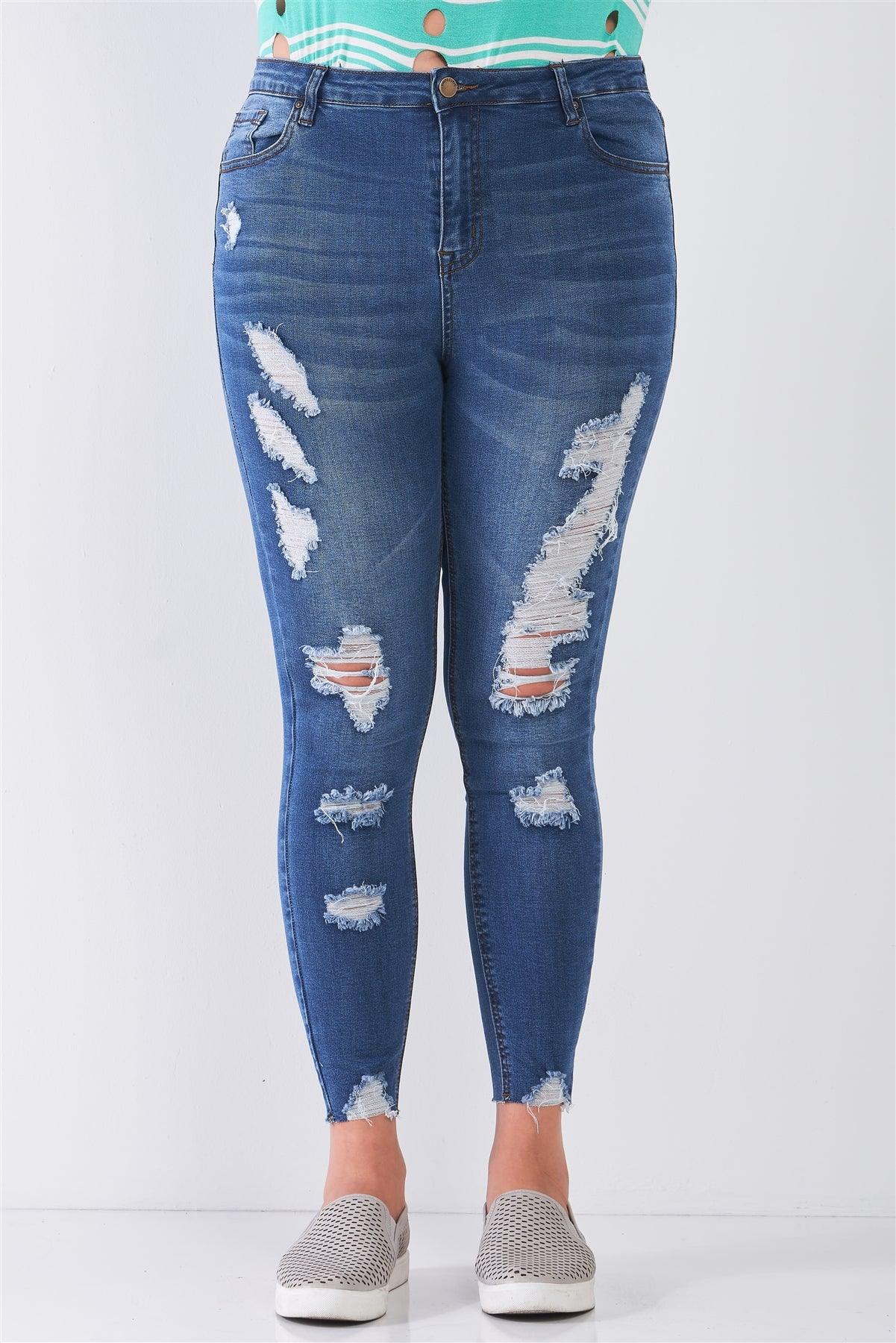 Junior Plus Size Medium Blue Denim Mid-Rise Raw Hem Detail Ripped Skinny Jeans /1-1-3-1