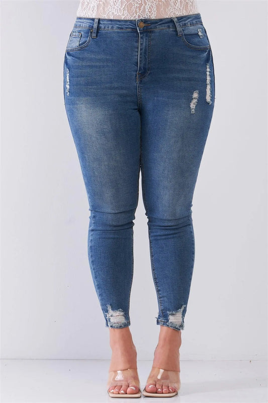 Junior Plus Medium Denim High-Waisted Destroyed Skinny Jeans /1-2-2-1 - Tasha Apparel Wholesale