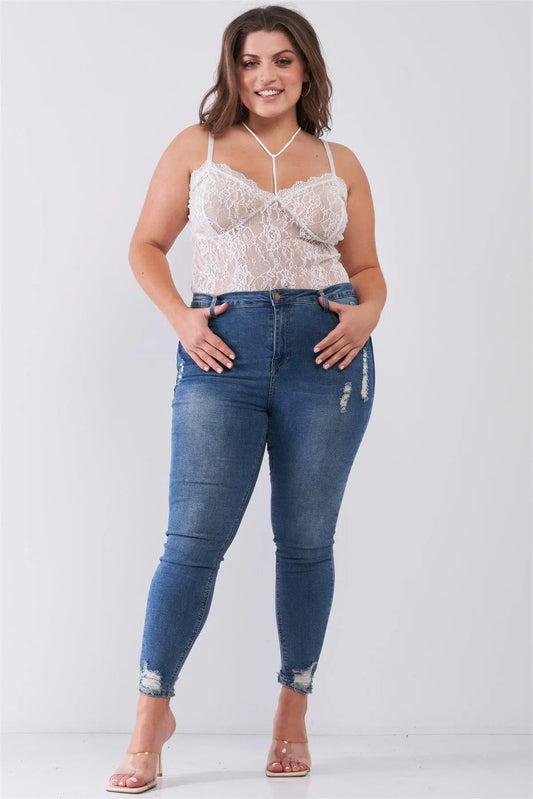 Junior Plus Medium Denim High-Waisted Destroyed Skinny Jeans /1-3-1-1 - Tasha Apparel Wholesale