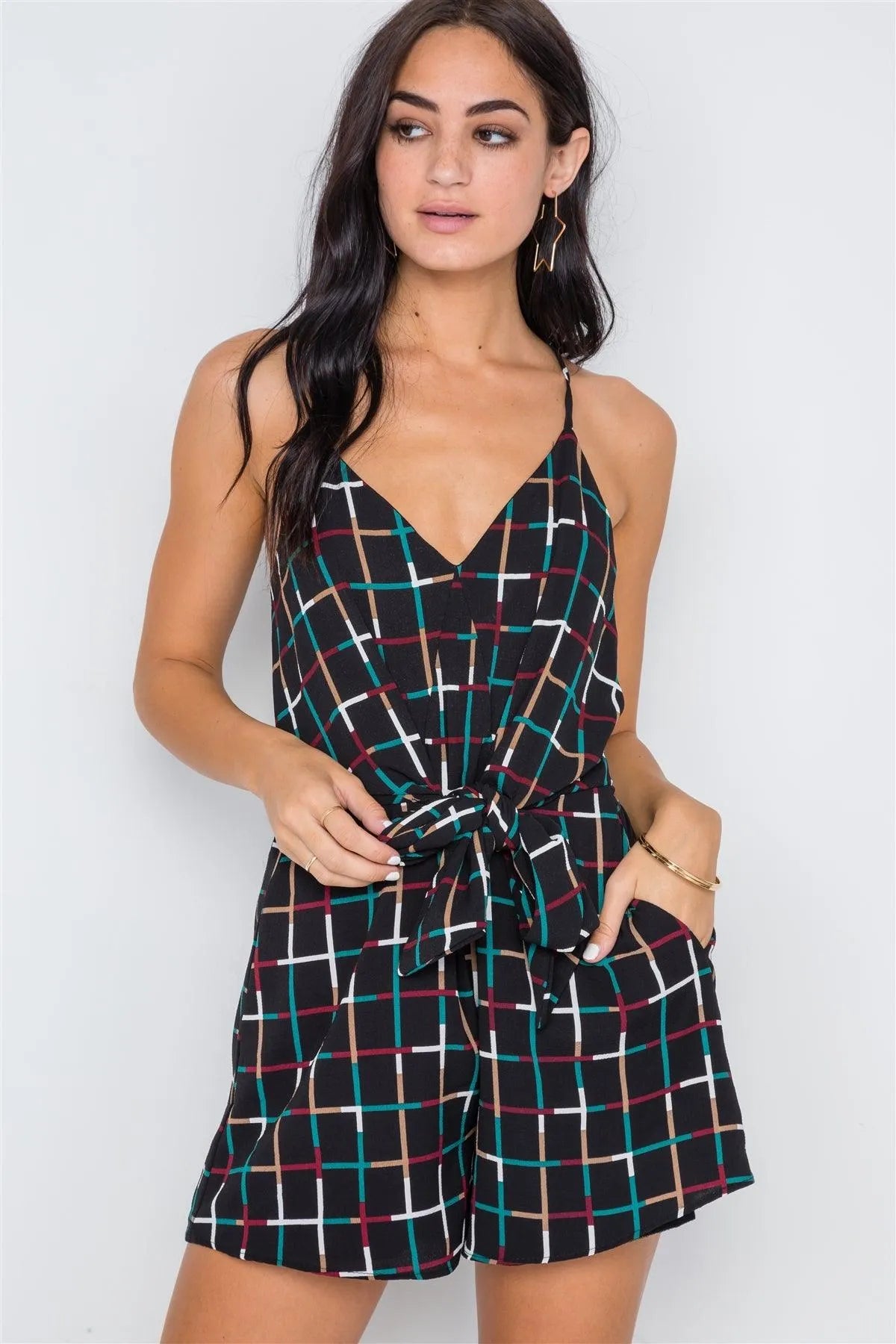 Multi Black Grid Print Cami Tie-Front Romper /2-2-2 - Tasha Apparel Wholesale