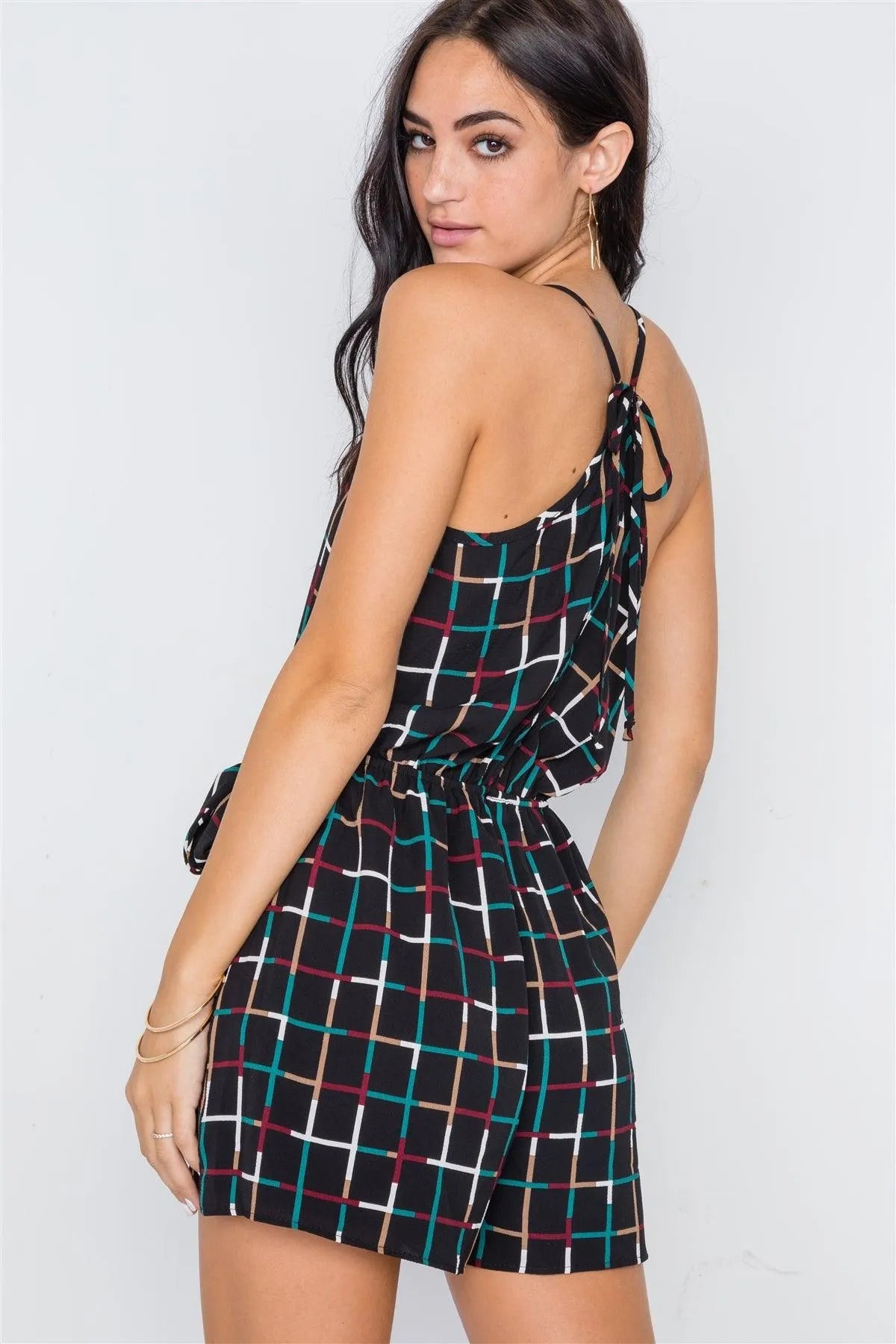 Multi Black Grid Print Cami Tie-Front Romper /2-2-2 - Tasha Apparel Wholesale