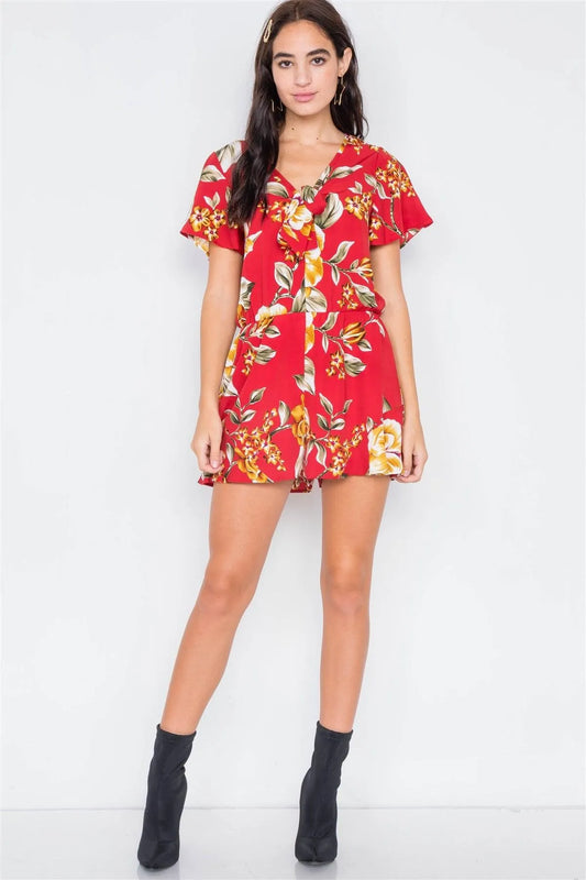 Deep Red Floral Boho Flounce Sleeves Mini Shorts Romper - Tasha Apparel Wholesale