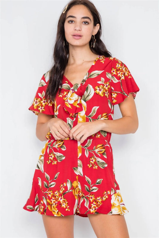Deep Red Floral Boho Flounce Sleeves Mini Shorts Romper /1-2-3 - Tasha Apparel Wholesale