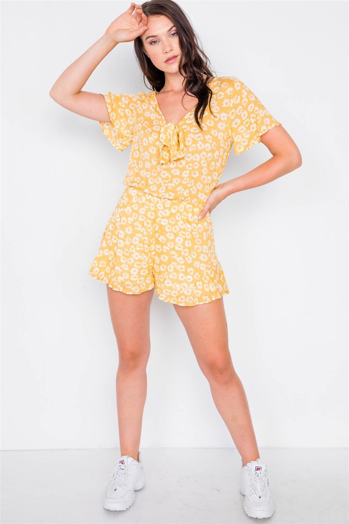 Yellow Front Tie Floral Printed Romper  / 2-2-2