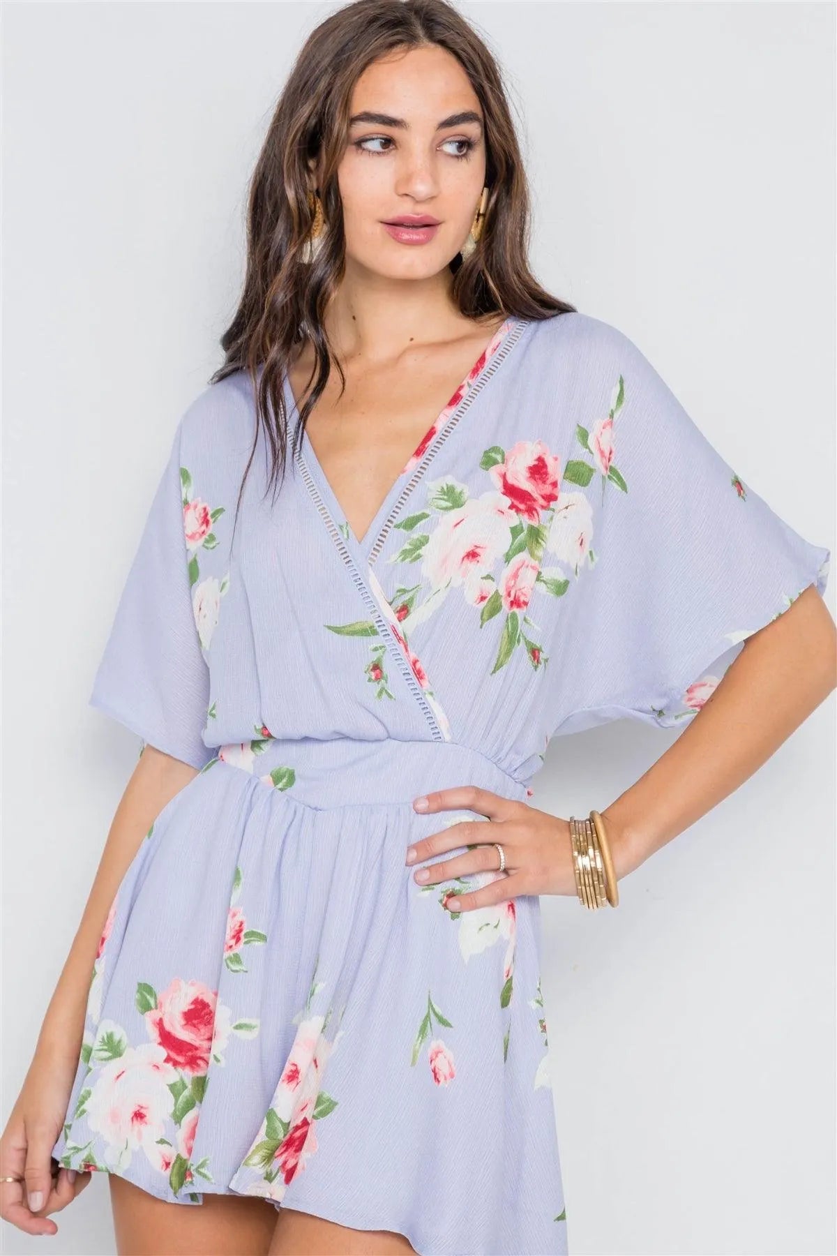 Lavender Floral Print Surplice Neck Romper /2-2-2 - Tasha Apparel Wholesale