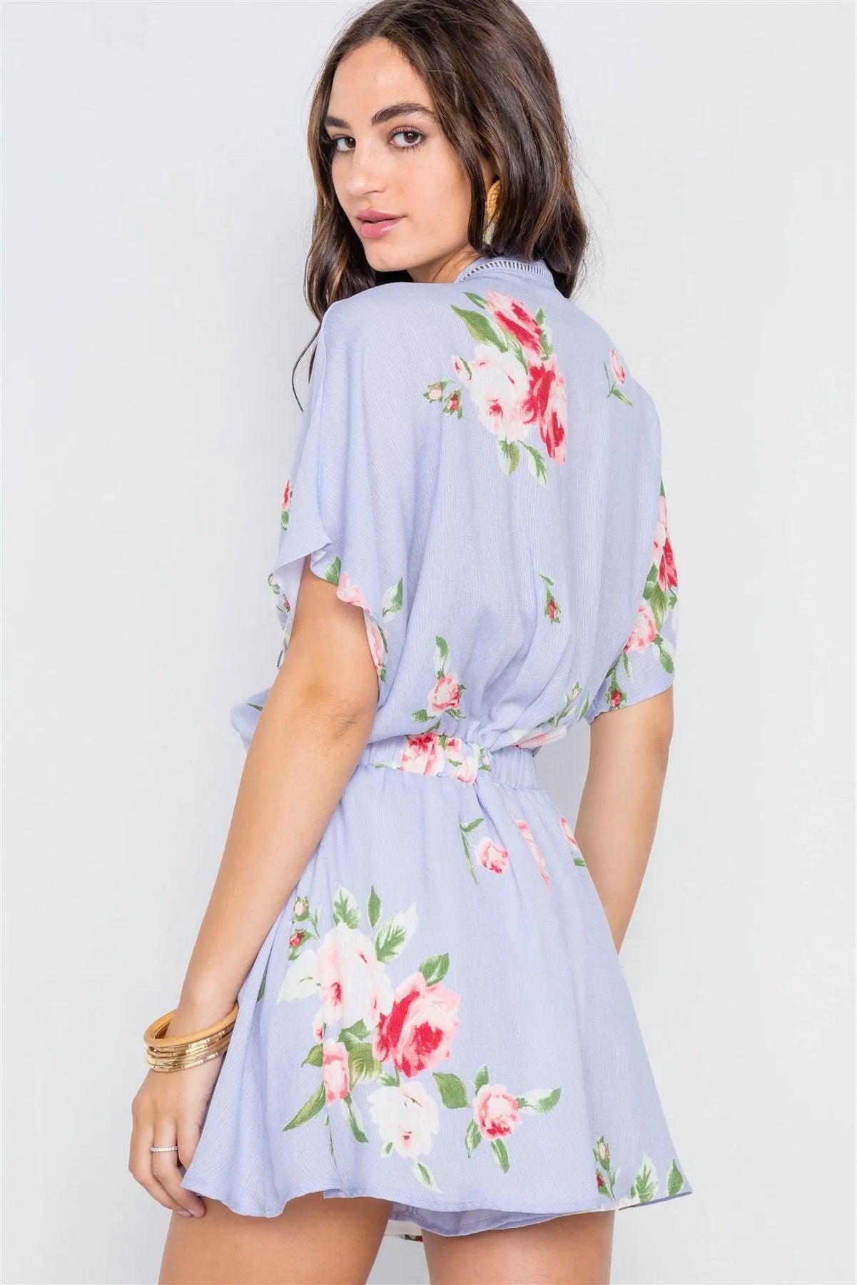 Lavender Floral Print Surplice Neck Romper /2-2-2 - Tasha Apparel Wholesale