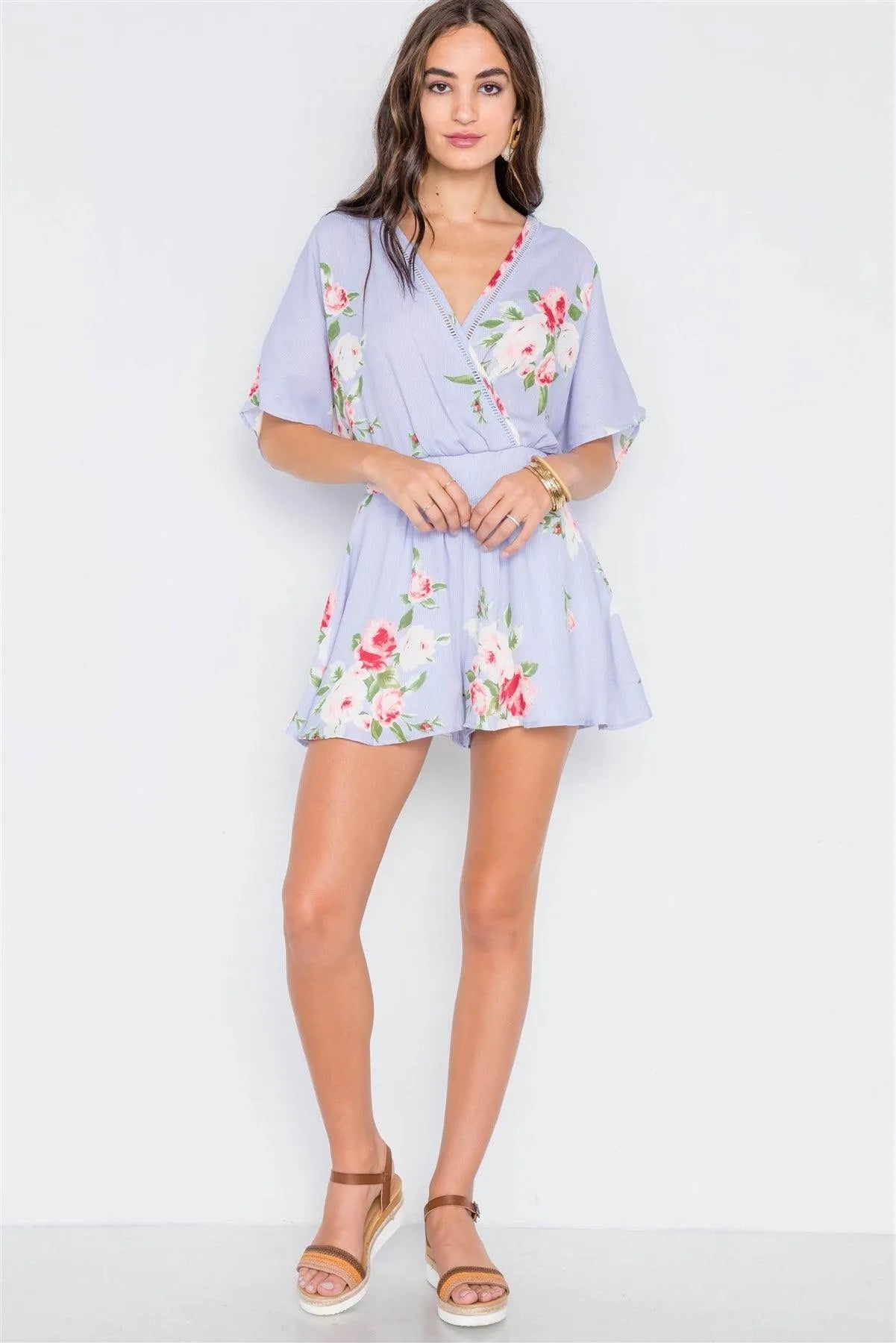 Lavender Floral Print Surplice Neck Romper /2-2-2 - Tasha Apparel Wholesale