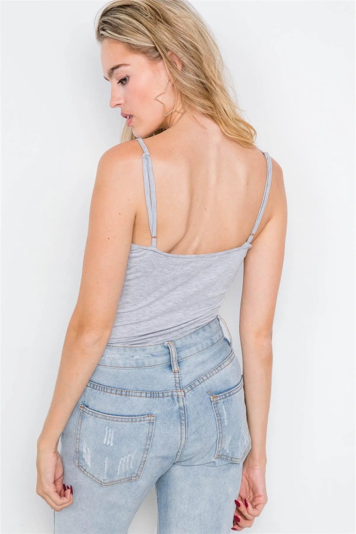 Solid Heather Grey Front Knot Bodysuit /2-2-2 - Tasha Apparel Wholesale