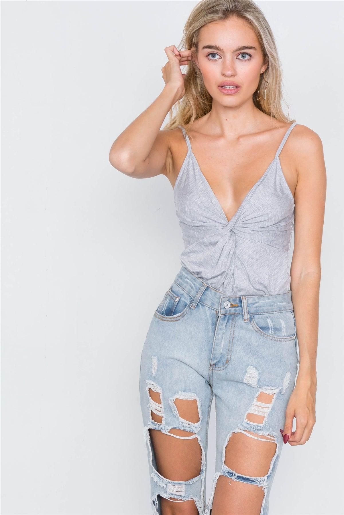 Solid Heather Grey Front Knot Bodysuit /2-2-2