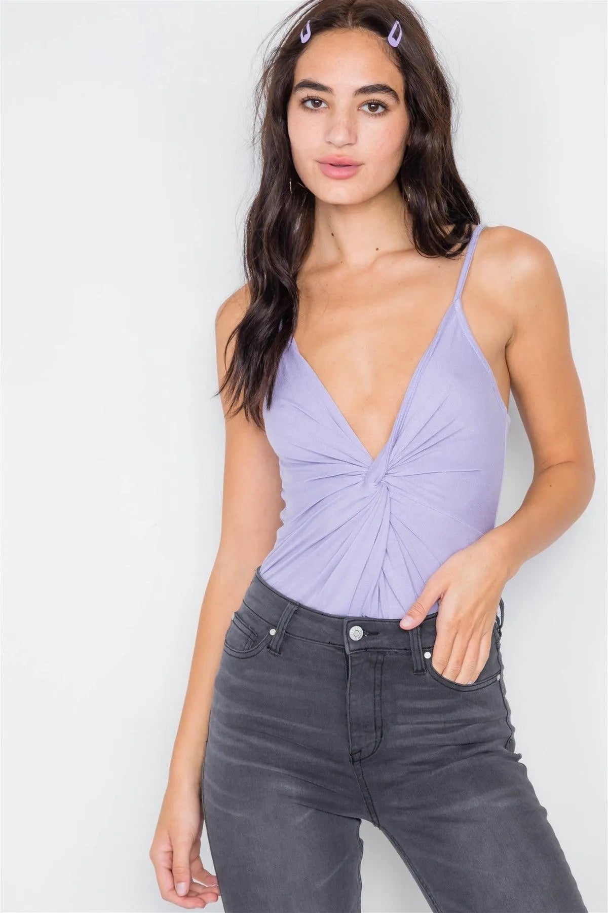 Lavender Surplus V-Neck Solid Front Roll Bodysuit /2-2-2 - Tasha Apparel Wholesale