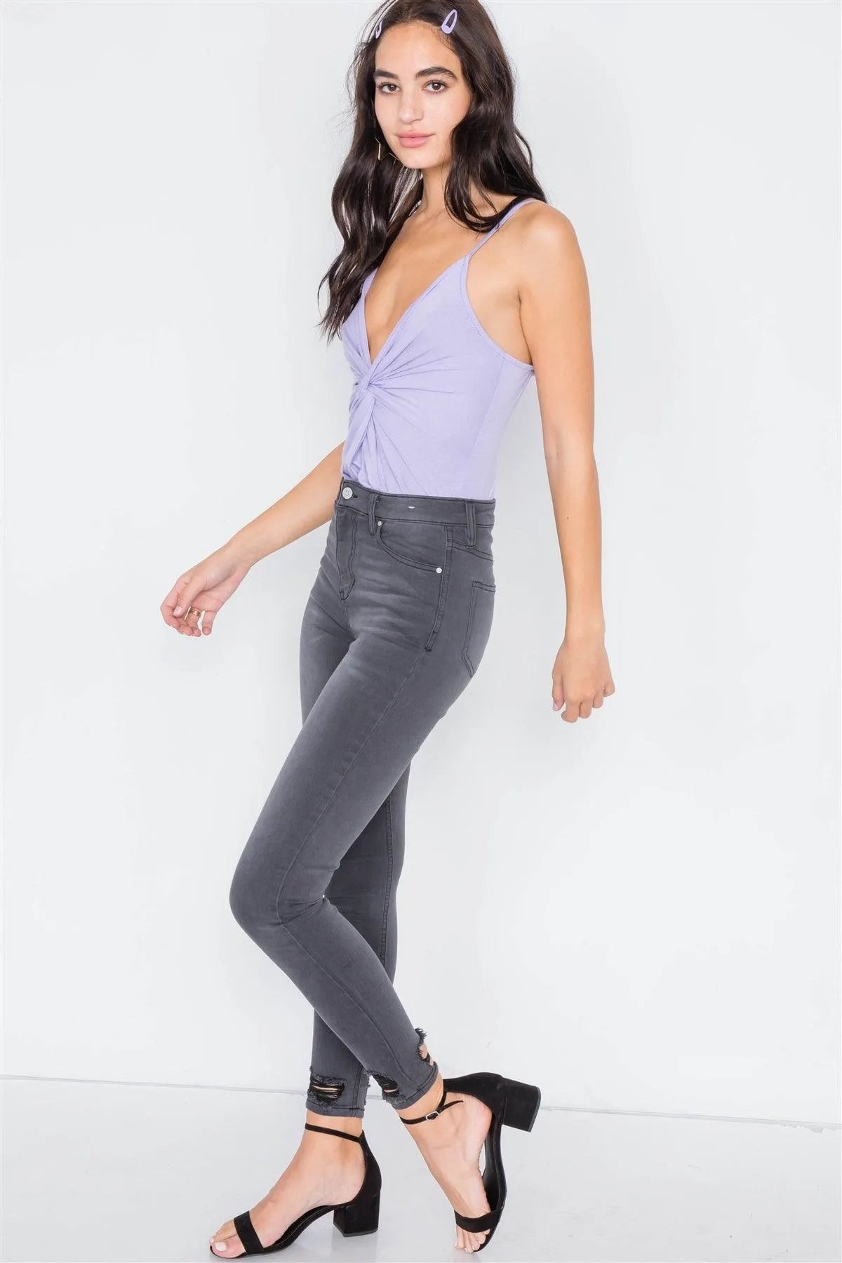 Lavender Surplus V-Neck Solid Front Roll Bodysuit /2-2-2 - Tasha Apparel Wholesale