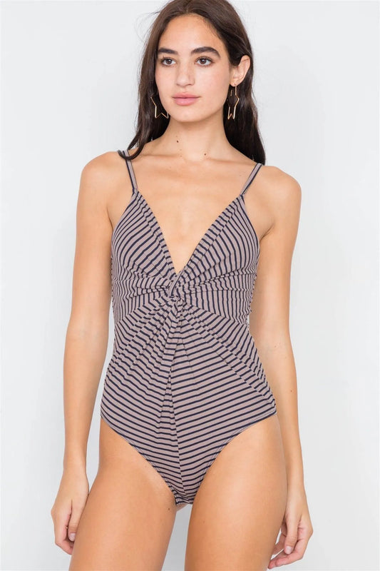 Navy & Mocha Stripe Front Roll Bodysuit /2-2-2 - Tasha Apparel Wholesale