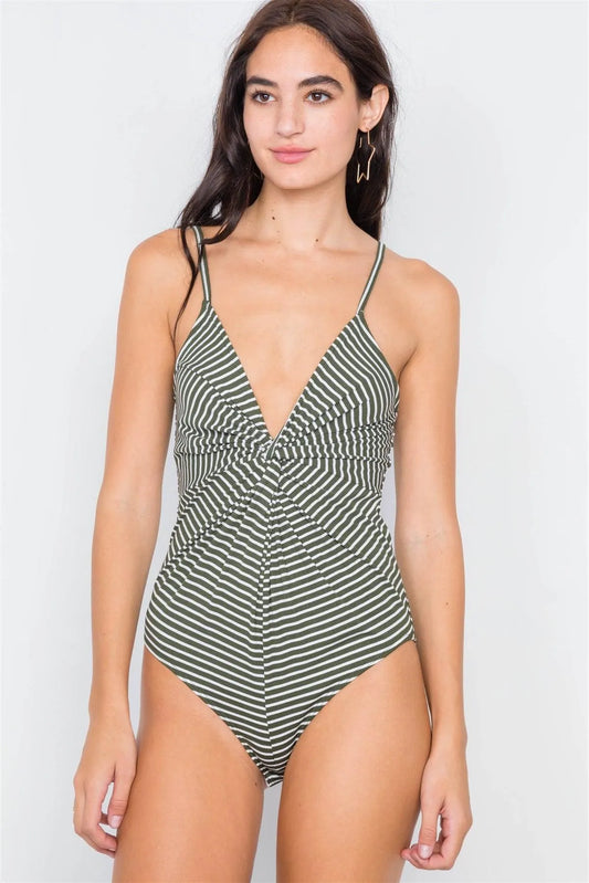 Olive & Off White Stripe Front Roll Bodysuit /2-2-2 - Tasha Apparel Wholesale