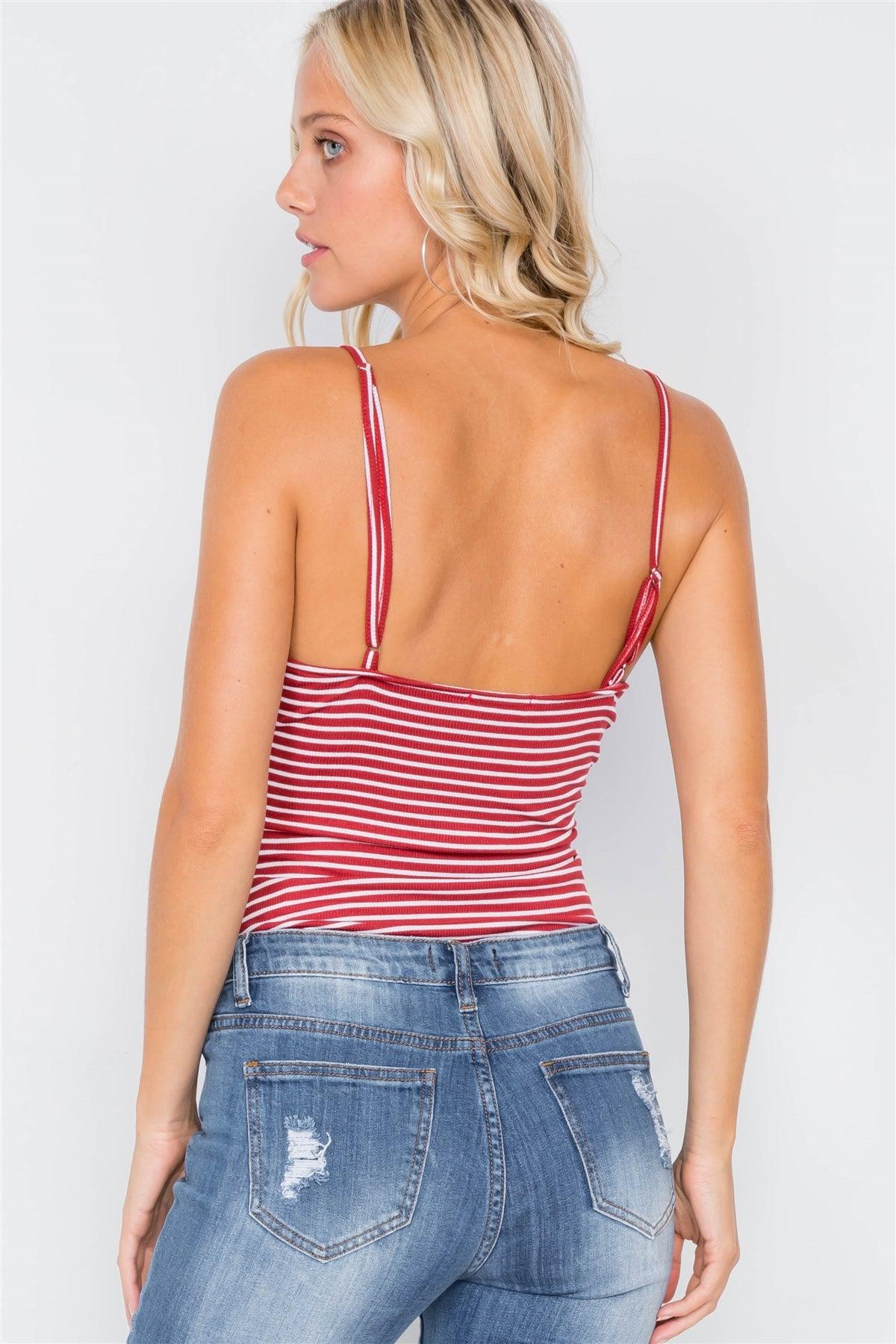 Red & Off White Stripe Front Roll Bodysuit  /2-2-2