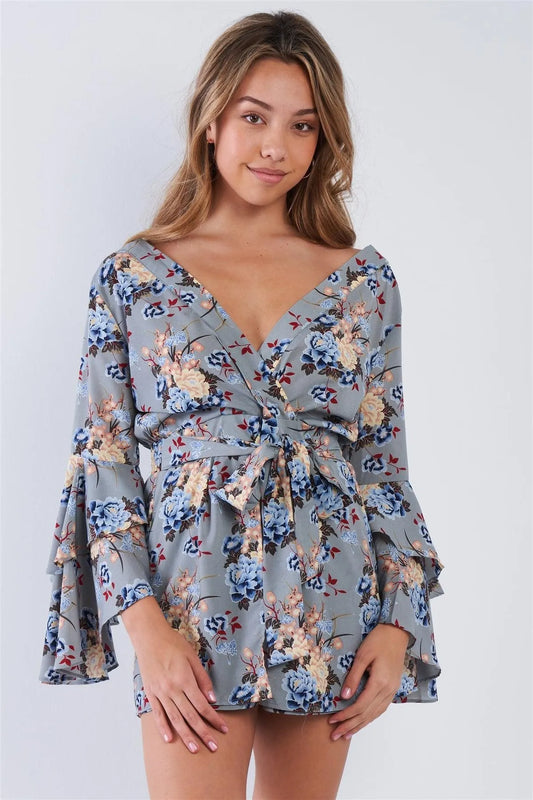 Light Grey Floral Surplice Bell Sleeve Romper /2-2-2 - Tasha Apparel Wholesale