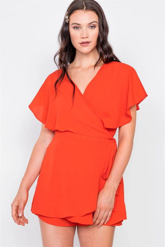 Coral Mock Wrap Butterfly Sleeve Romper / 2-2-2 - Tasha Apparel Wholesale