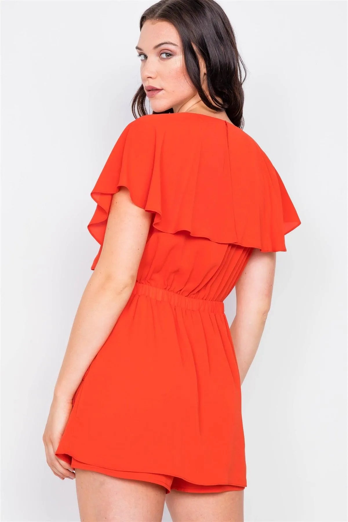 Coral Mock Wrap Butterfly Sleeve Romper / 3-2-2 - Tasha Apparel Wholesale