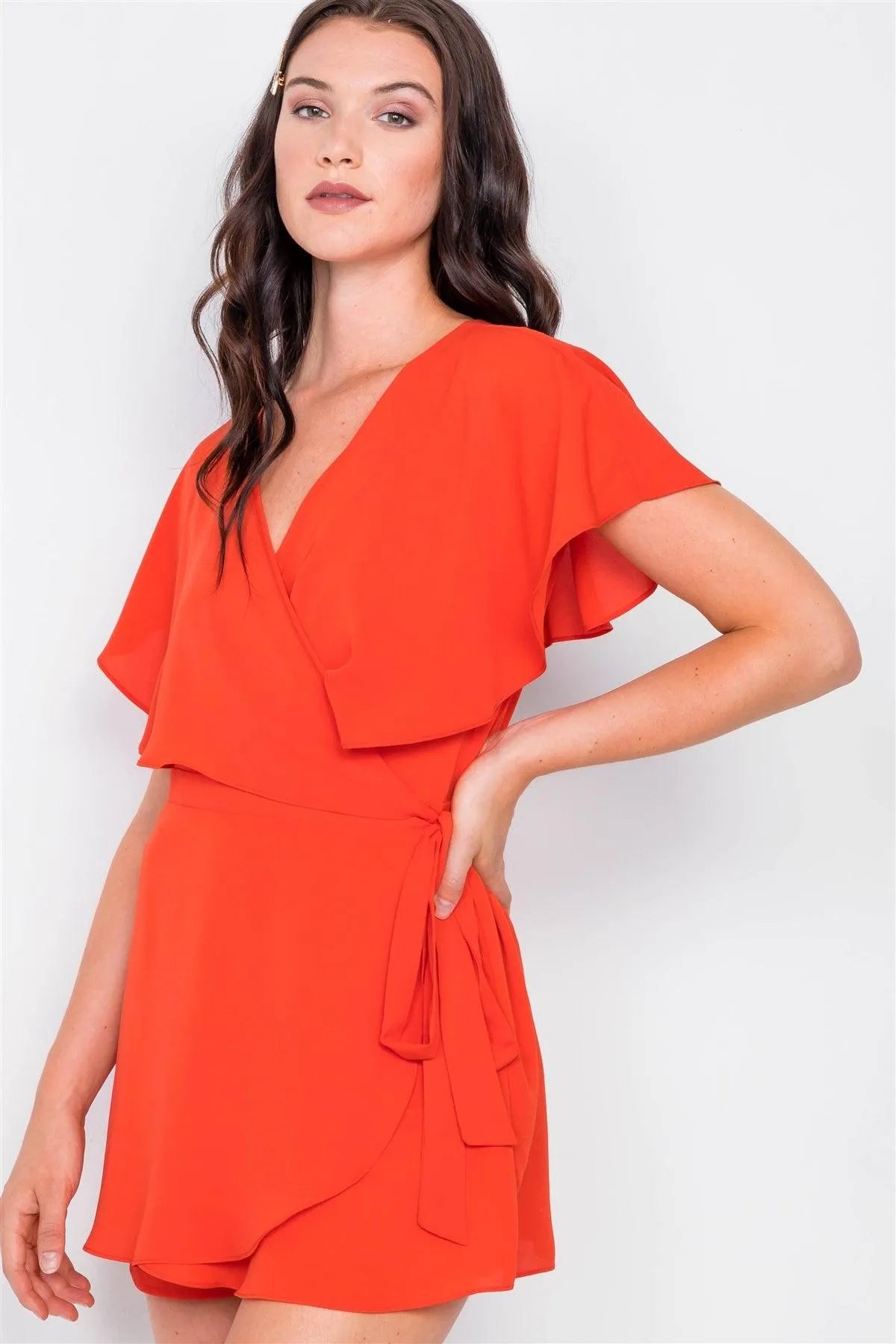 Coral Mock Wrap Butterfly Sleeve Romper / 3-2-2 - Tasha Apparel Wholesale