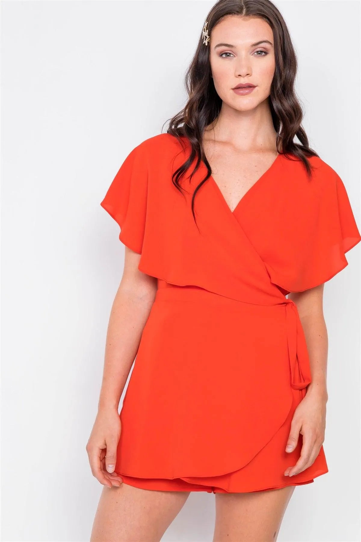 Coral Mock Wrap Butterfly Sleeve Romper / 3-2-2 - Tasha Apparel Wholesale